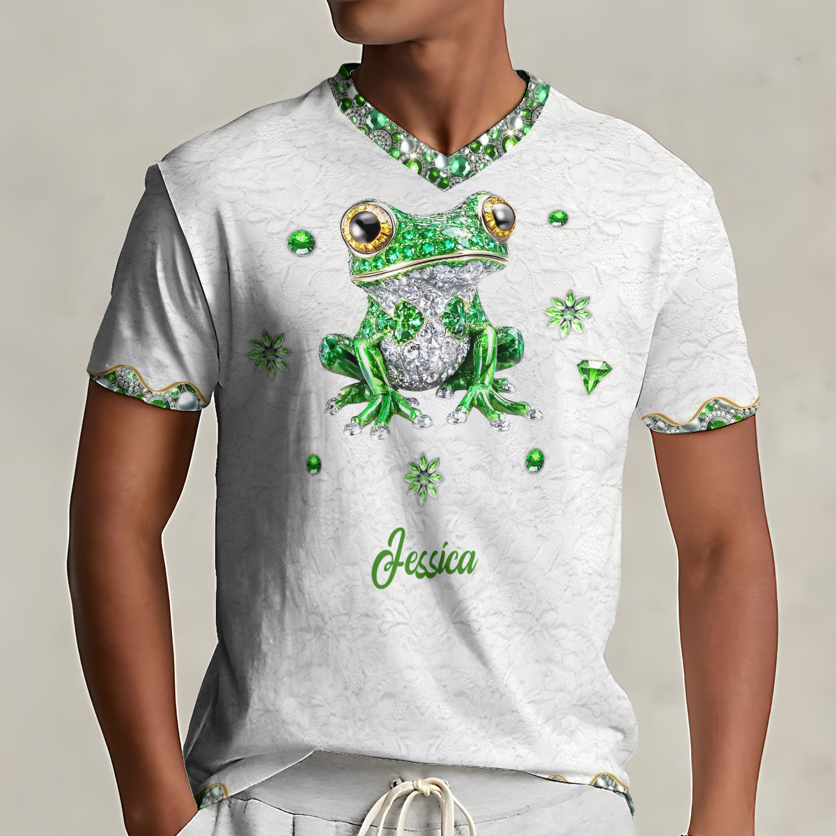 T-shirt à col en V personnalisé avec motif grenouille, imprimé intégral, motif « Love Frog ».