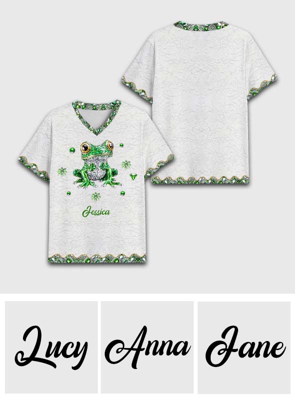 T-shirt à col en V personnalisé avec motif grenouille, imprimé intégral, motif « Love Frog ».