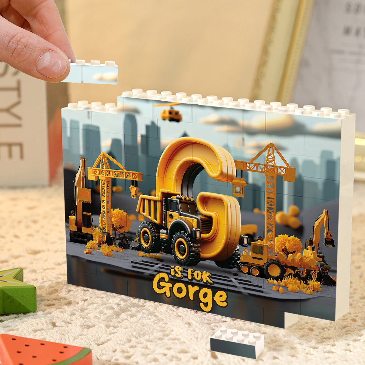 Construction Vehicles Letters - Personalized Kid One-sided Horizontal Rectangle Building Brick Blocks