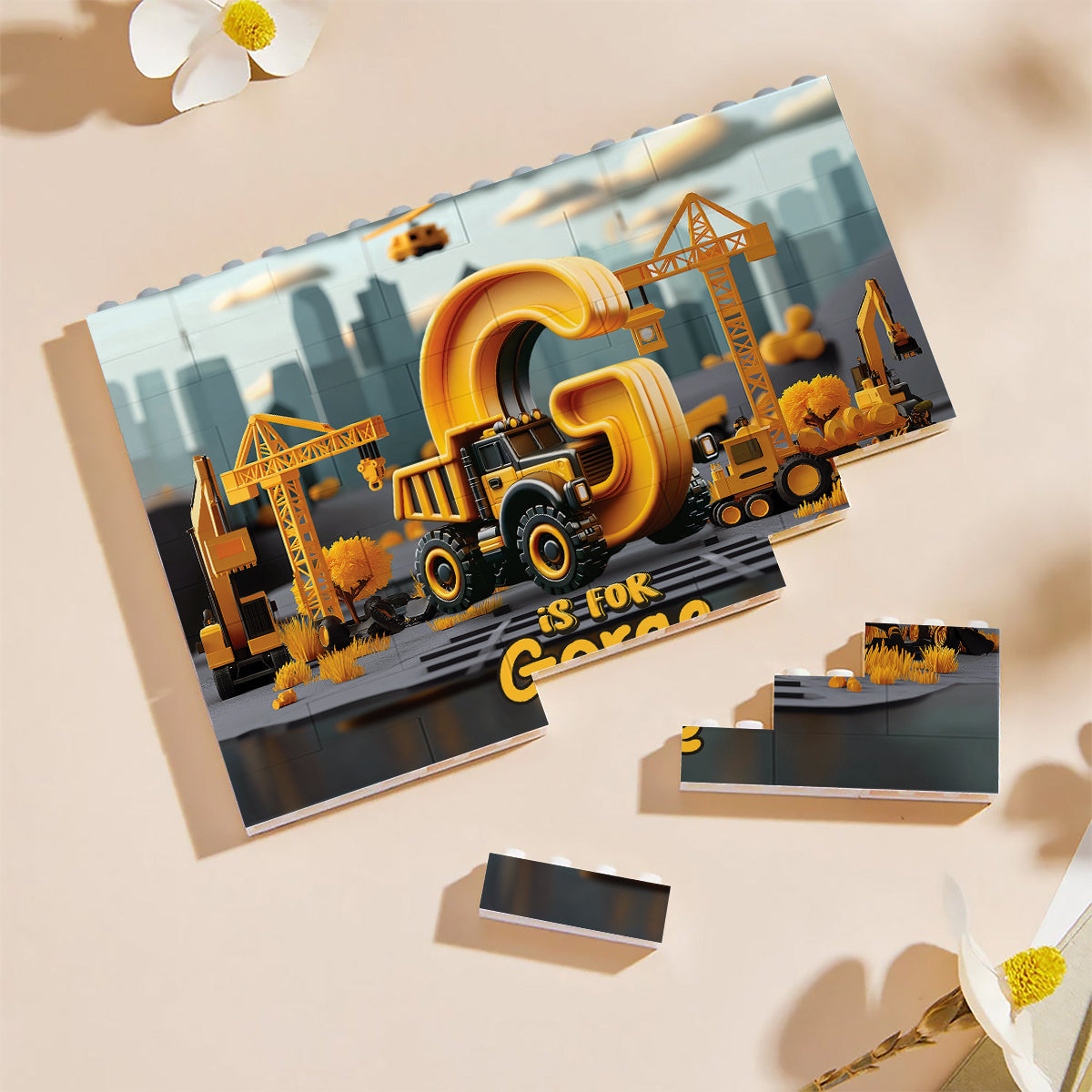 Construction Vehicles Letters - Personalized Kid One-sided Horizontal Rectangle Building Brick Blocks
