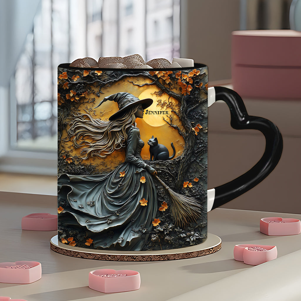 Beautiful Witch & Her Black Cat - Personalized Witch Heart Handle Mug