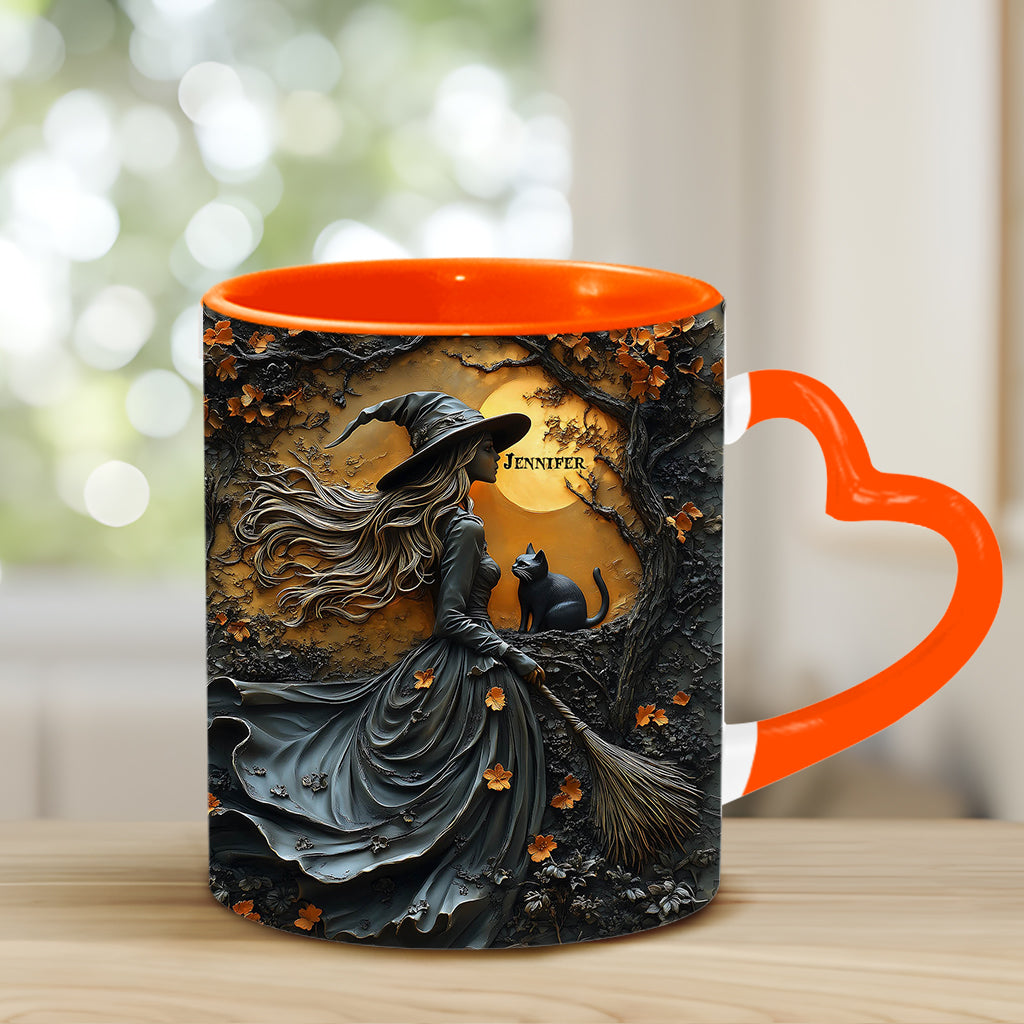 Beautiful Witch & Her Black Cat - Personalized Witch Heart Handle Mug