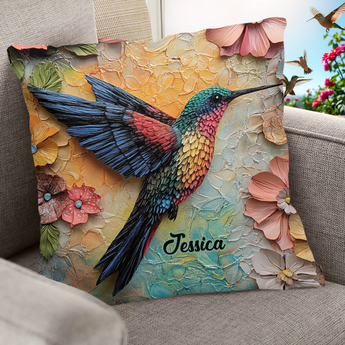 Superbe coussin décoratif personnalisé colibri Fly