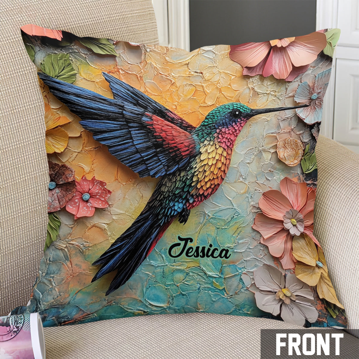 Superbe coussin décoratif personnalisé colibri Fly