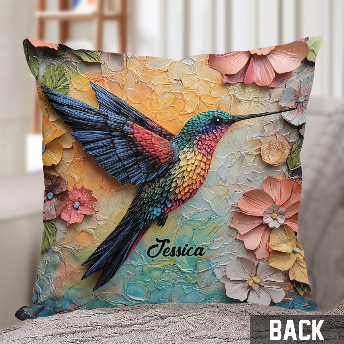 Superbe coussin décoratif personnalisé colibri Fly
