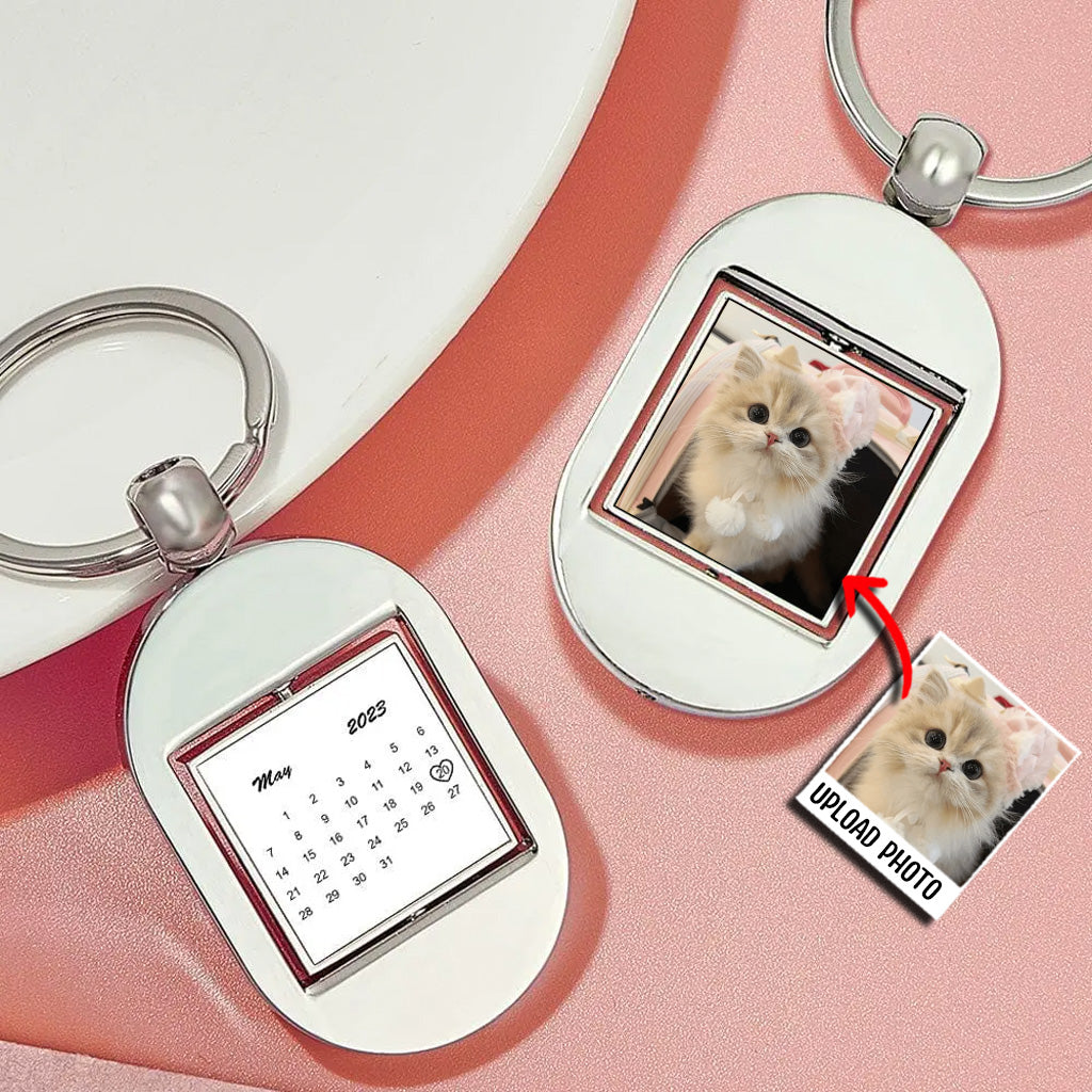 Custom Photo Calendar Swirl Oval Turnable Double Sides Calendar Keychains - gift for anyone, dog lover, cat lover, who lost a loved one - Personalized Keychain