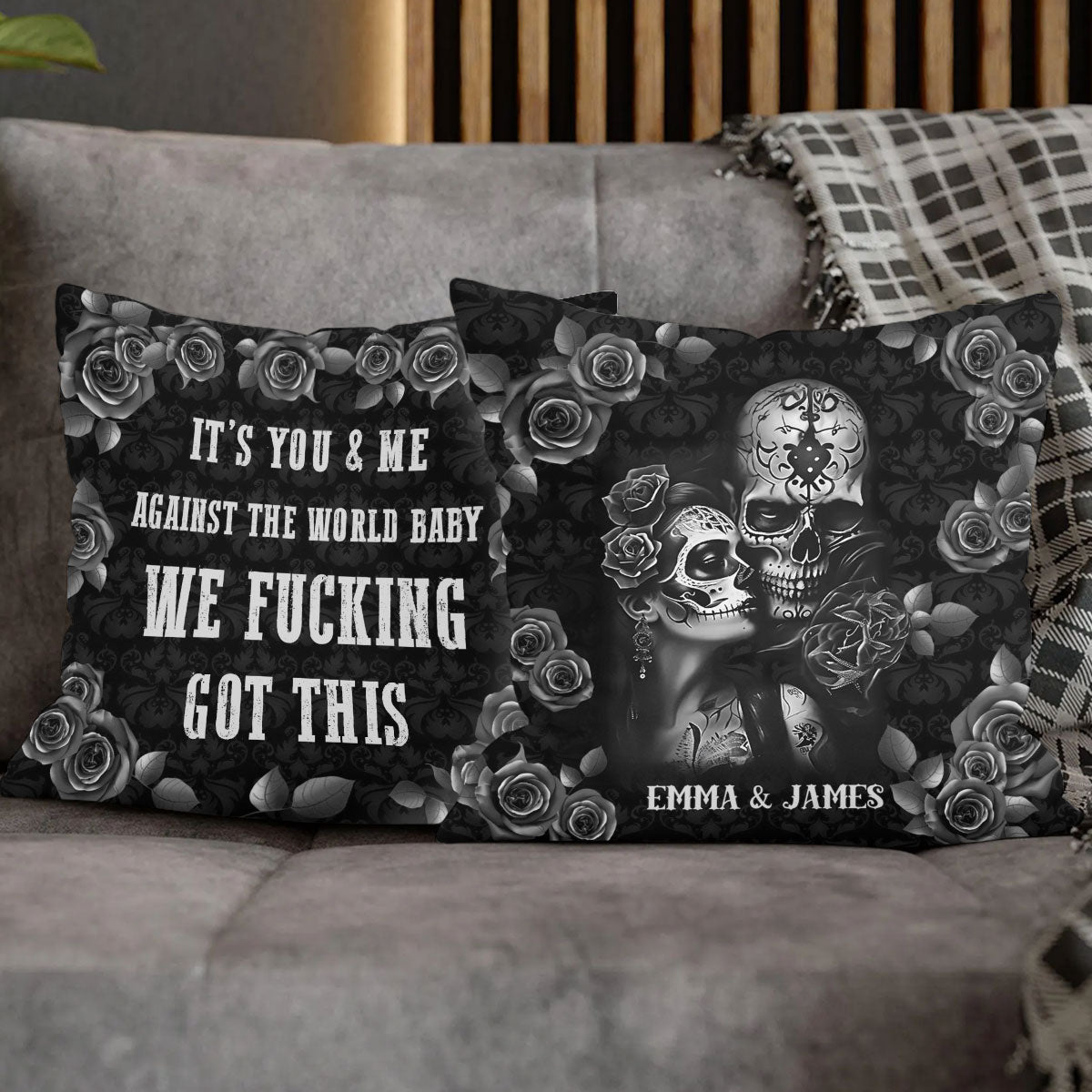 Coussin décoratif personnalisé en forme de crâne « Toi et moi »