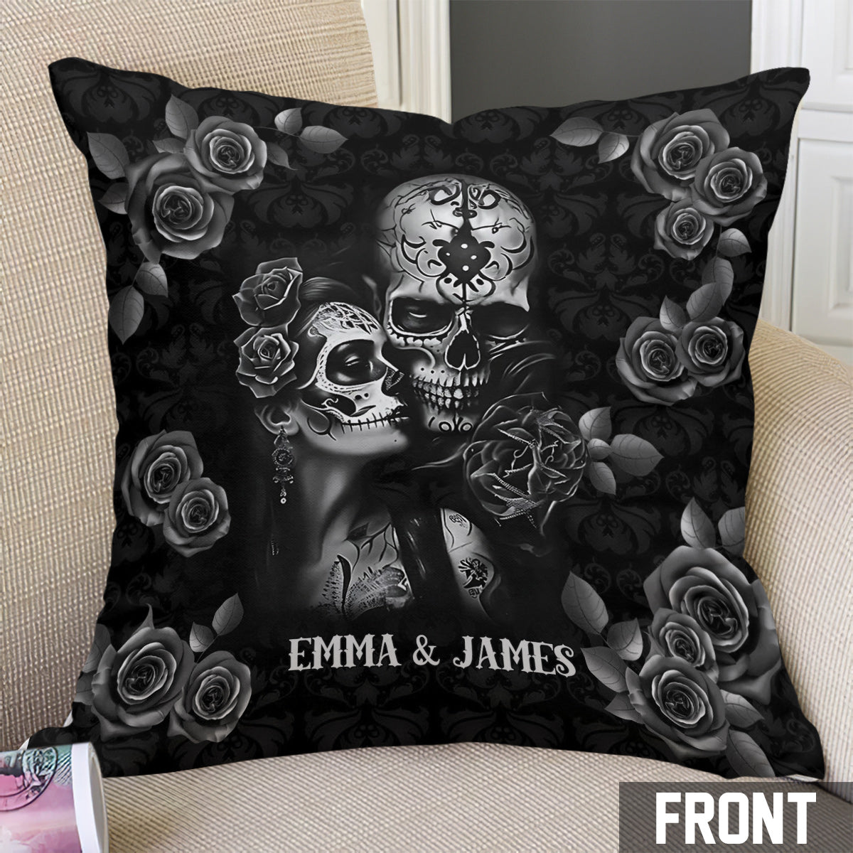 Coussin décoratif personnalisé en forme de crâne « Toi et moi »