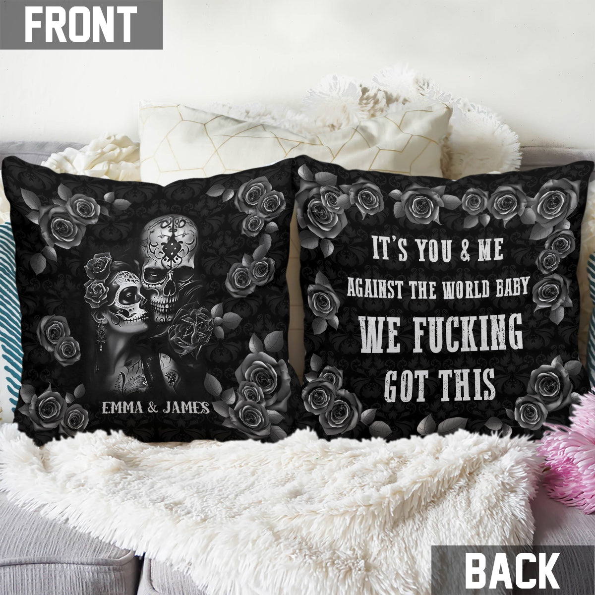 Coussin décoratif personnalisé en forme de crâne « Toi et moi »