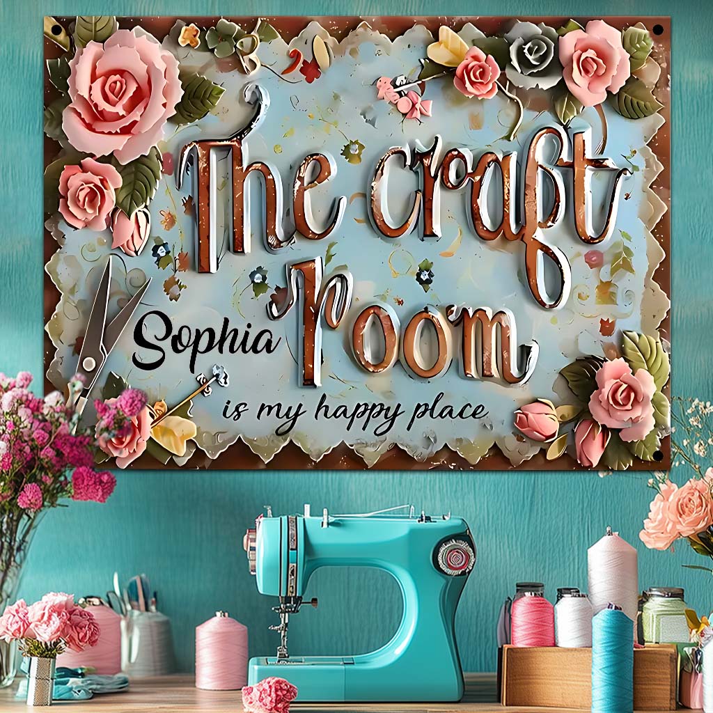 Craft Room Is My Happy Place - Personalized Sewing Rectangle Metal Sign