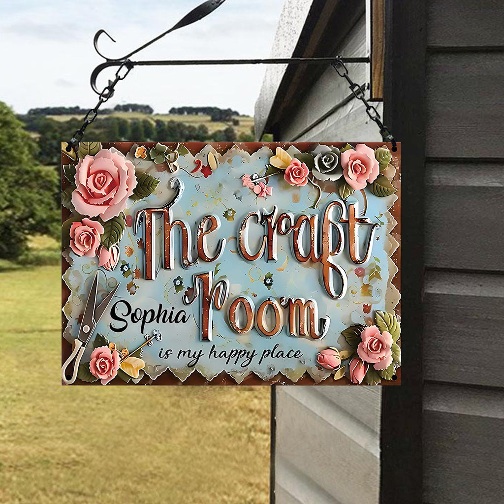 Craft Room Is My Happy Place - Personalized Sewing Rectangle Metal Sign