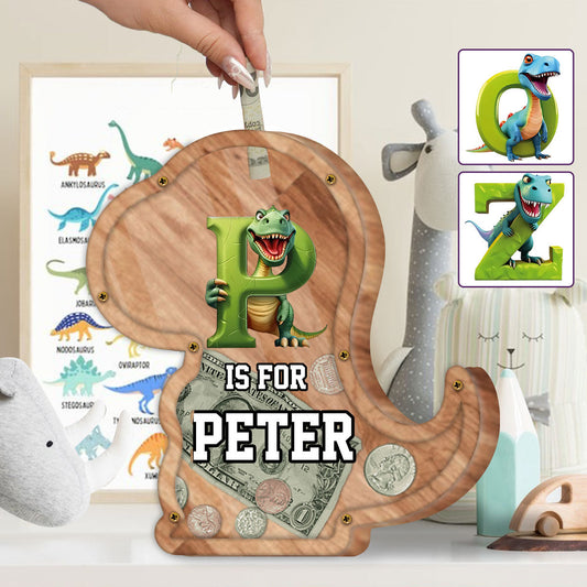 Dinosaur Coin Bank for Kids - Personalized Kid Wooden Piggy Bank