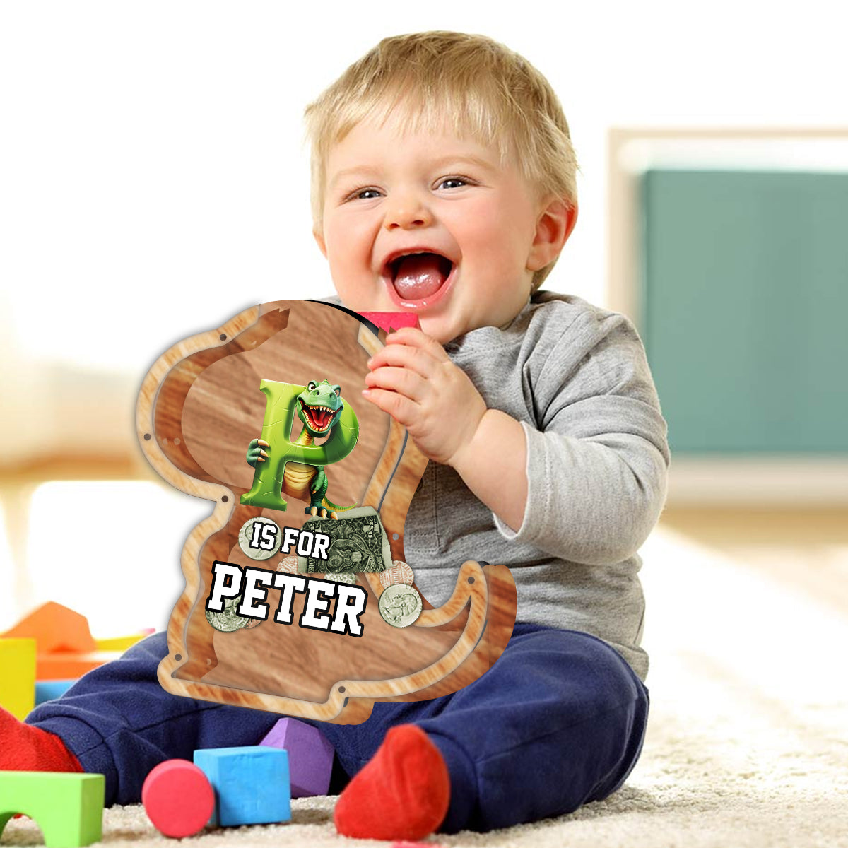 Dinosaur Coin Bank for Kids - Personalized Kid Wooden Piggy Bank