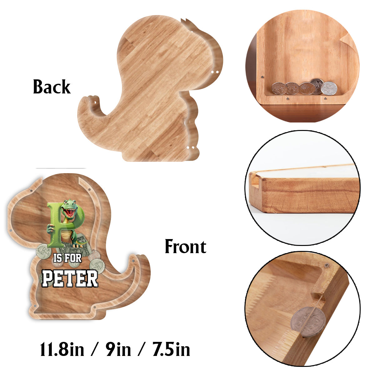 Dinosaur Coin Bank for Kids - Personalized Kid Wooden Piggy Bank