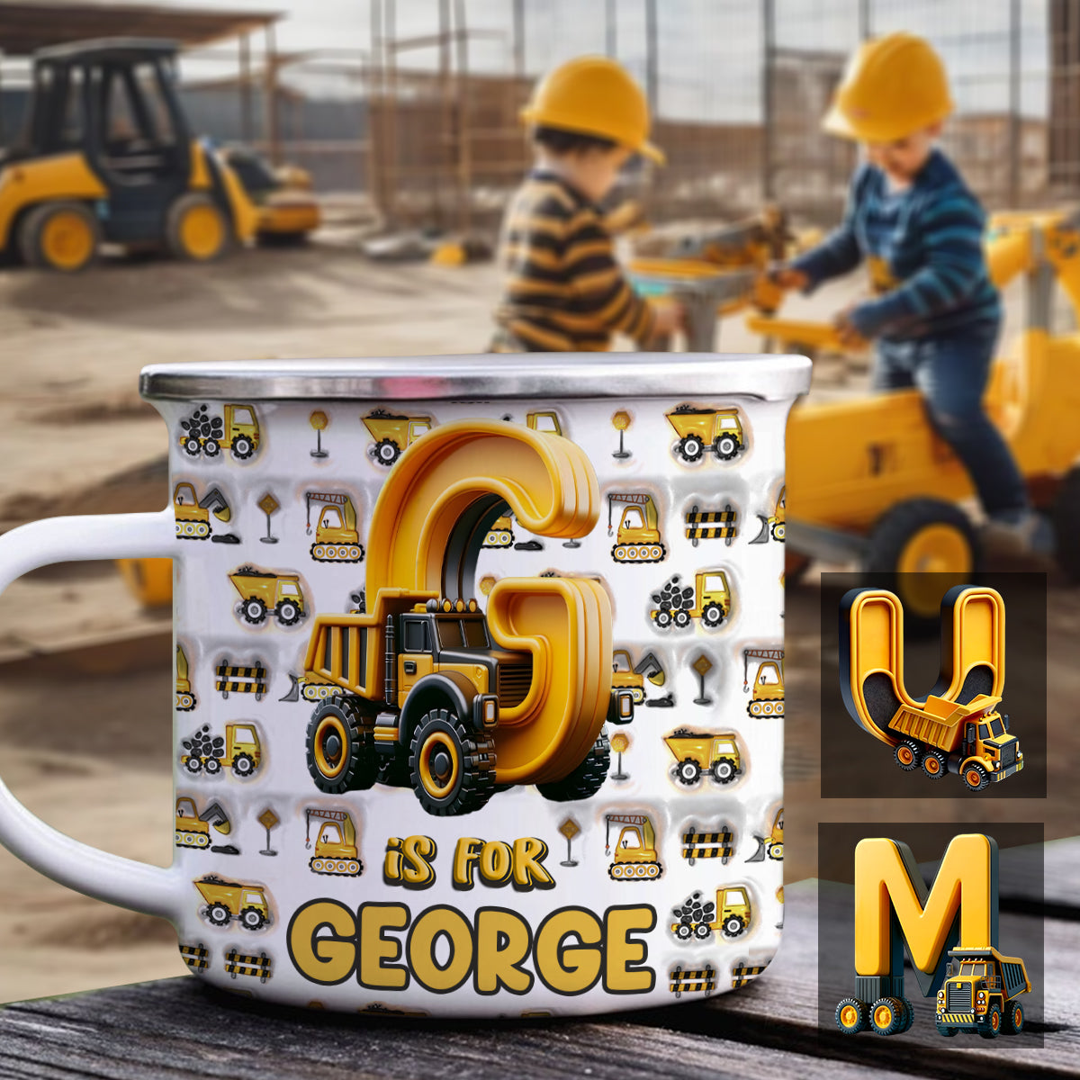 Construction Vehicle Letters - Personalized Kid Enamel Mug