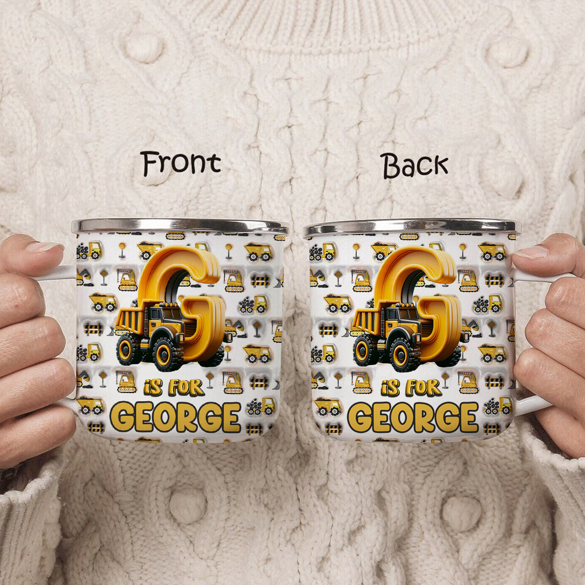 Construction Vehicle Letters - Personalized Kid Enamel Mug