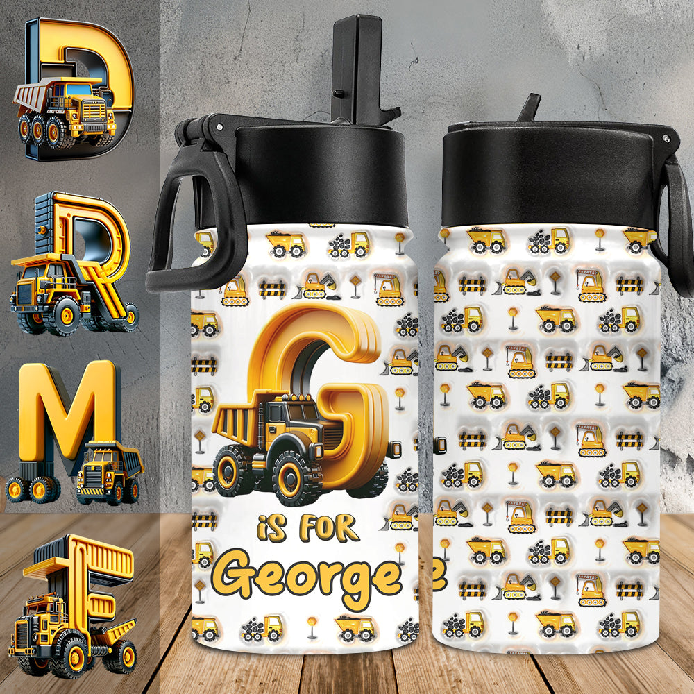 Construction Vehicles Letters - Personalized Kid Kids Water Bottle