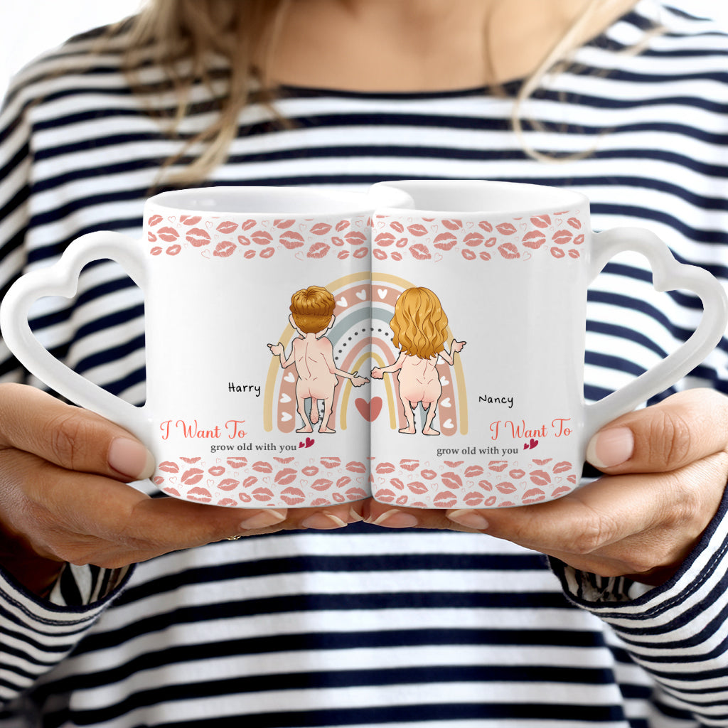 I Want To grow old with you - Personalized Couple Matching Heart Handle Mug