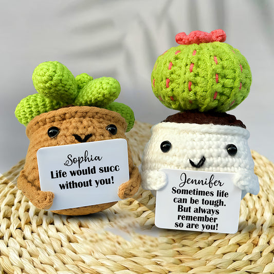 Cactus au crochet avec citation positive - Figurine de cactus personnalisée tricotée à la main