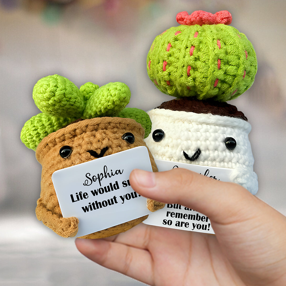 Cactus au crochet avec citation positive - Figurine de cactus personnalisée tricotée à la main