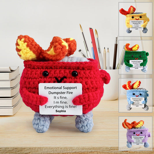 Mignonne figurine de soutien émotionnel en crochet « Bumpster Fire » - Figurine personnalisée tricotée à la main pour collègue