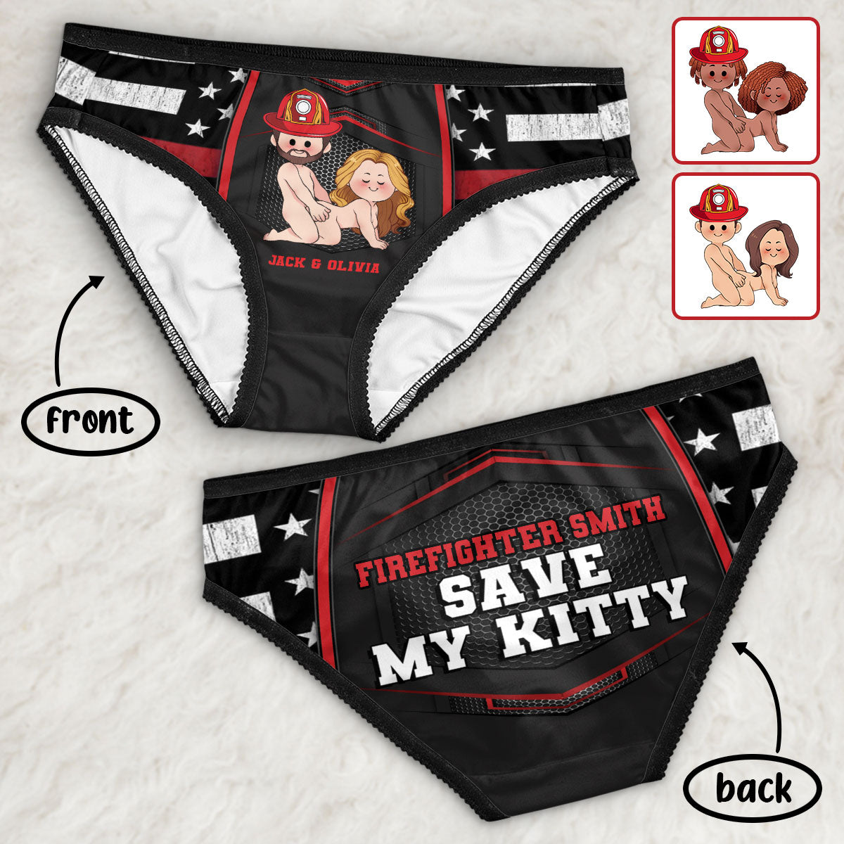Save My Kitty – Personalisierte Damen-Slips mit Feuerwehr-Spitzenbordüre