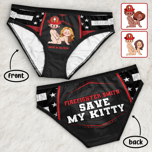 Save My Kitty – Personalisierte Damen-Slips mit Feuerwehr-Spitzenbordüre