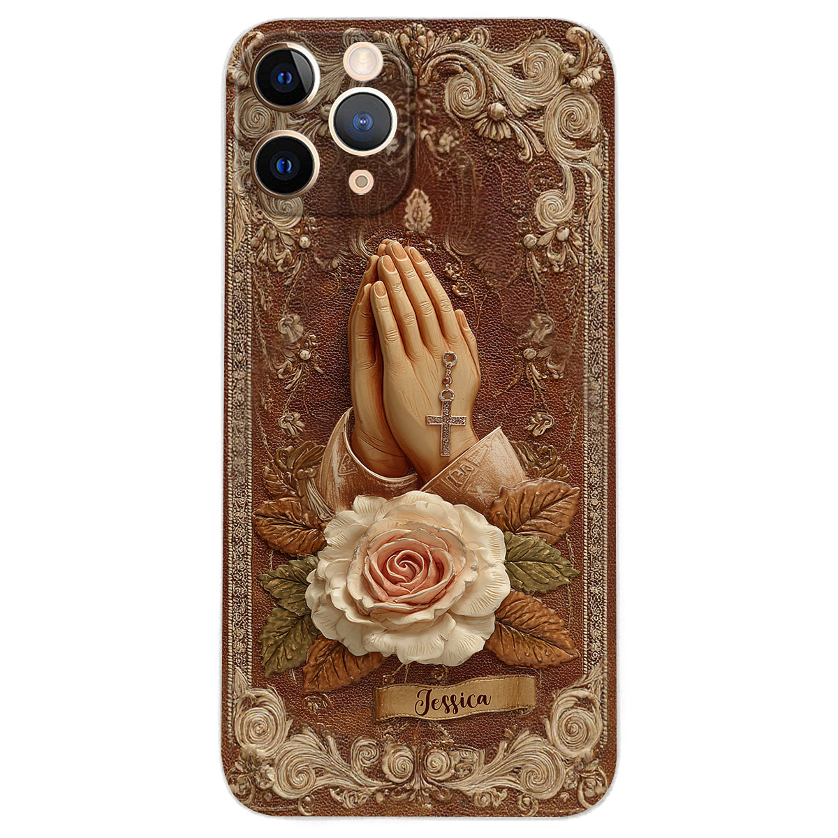 Praying Hands With Roses - Personalized Christian Leather Phone Case