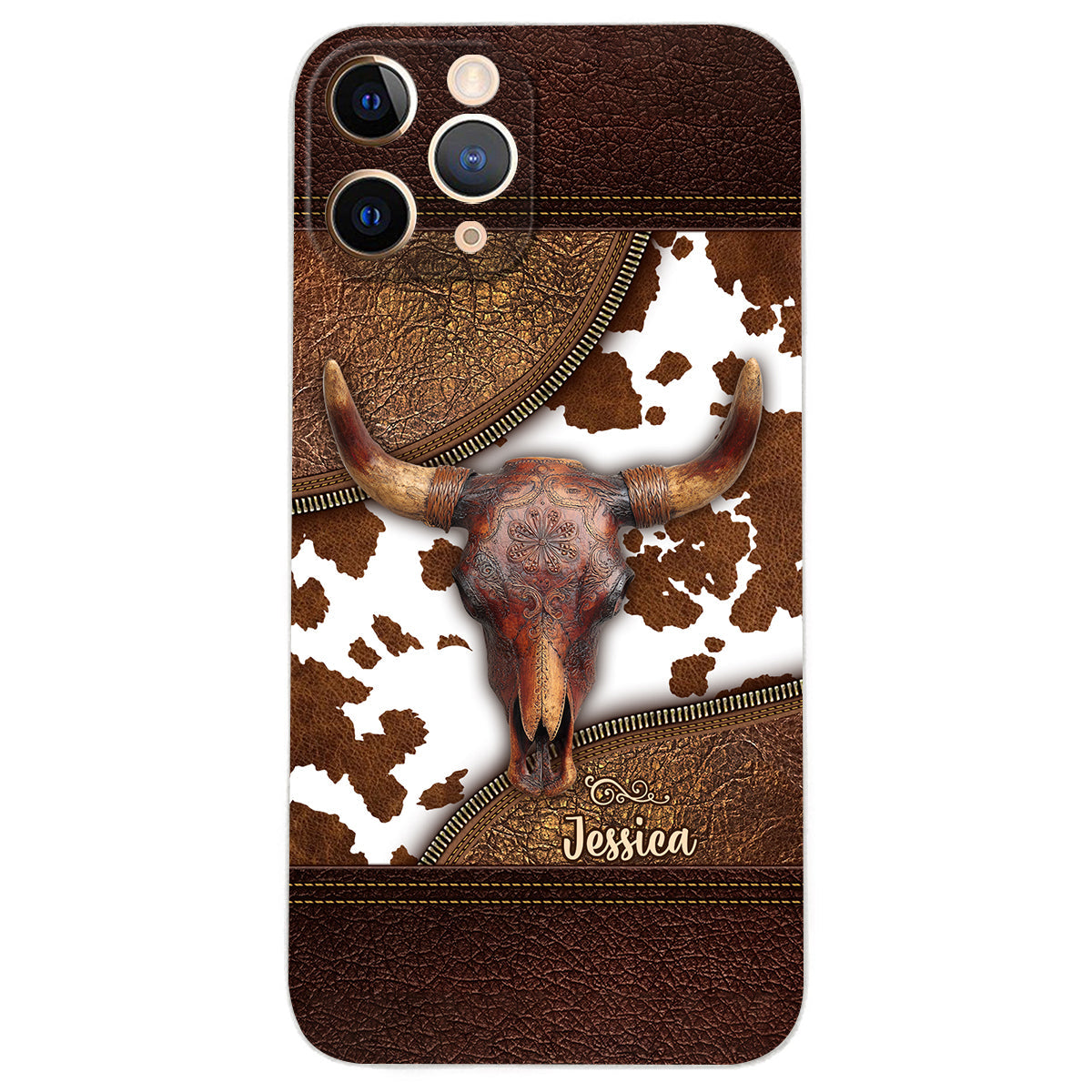 Skeleton Bull Skull - Personalized Western Leather Phone Case