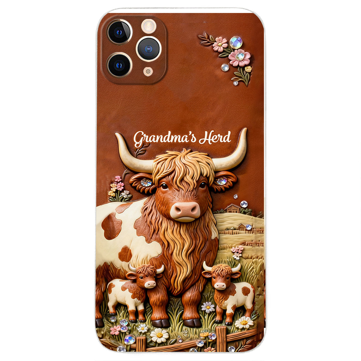 Grandma's Herd - Personalized Highland Cow 3D Embossed Leather Phone Case