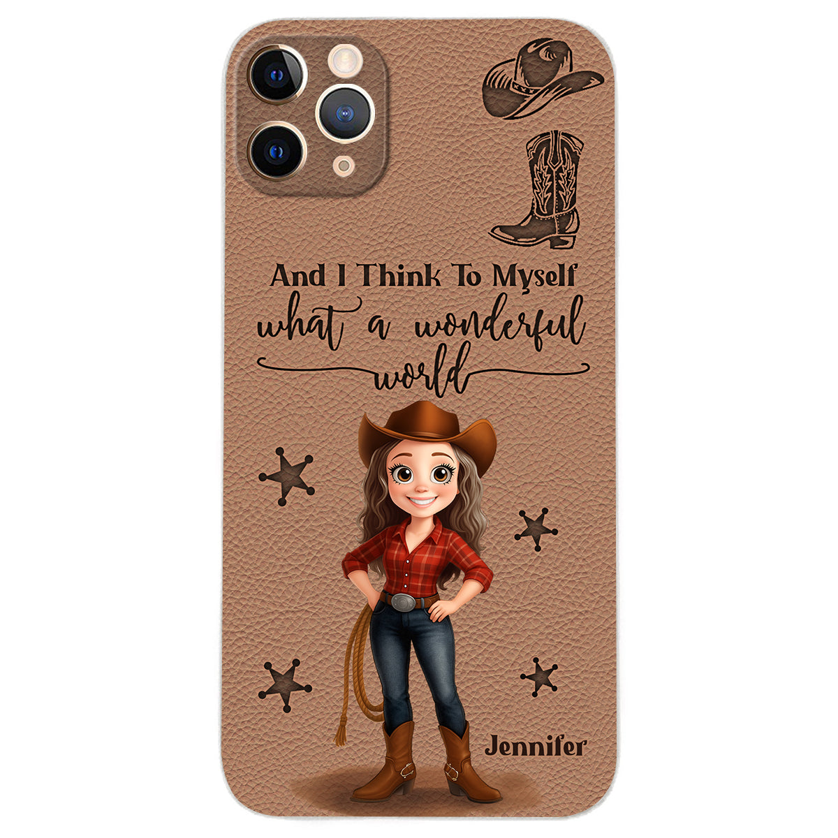 Cowgirl What A Wonderful World - Personalized Cowgirl Leather Phone Case
