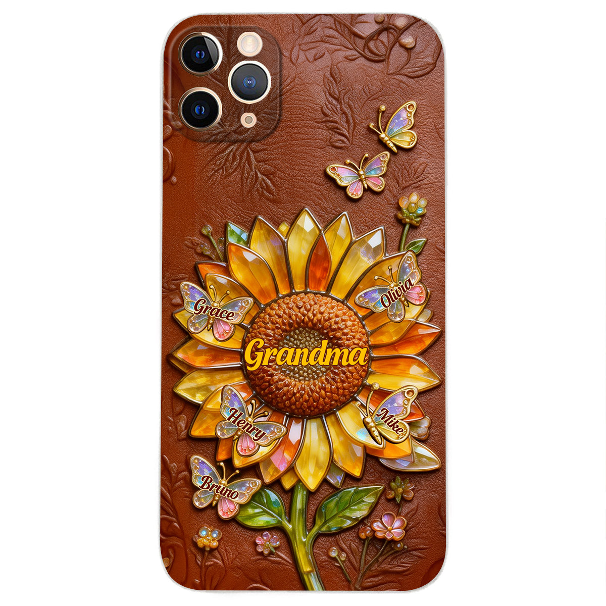 Grandma Sunflower - Personalized Grandma 3D Embossed Leather Phone Case