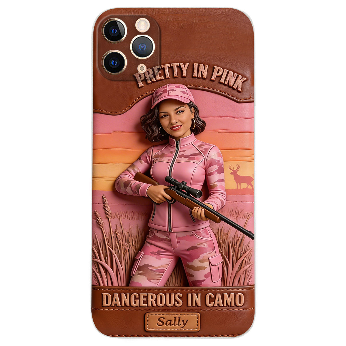 Étui de téléphone en cuir personnalisé avec n'importe quelle photo de chasse dangereuse en camouflage - Étui de téléphone de chasse en cuir personnalisé