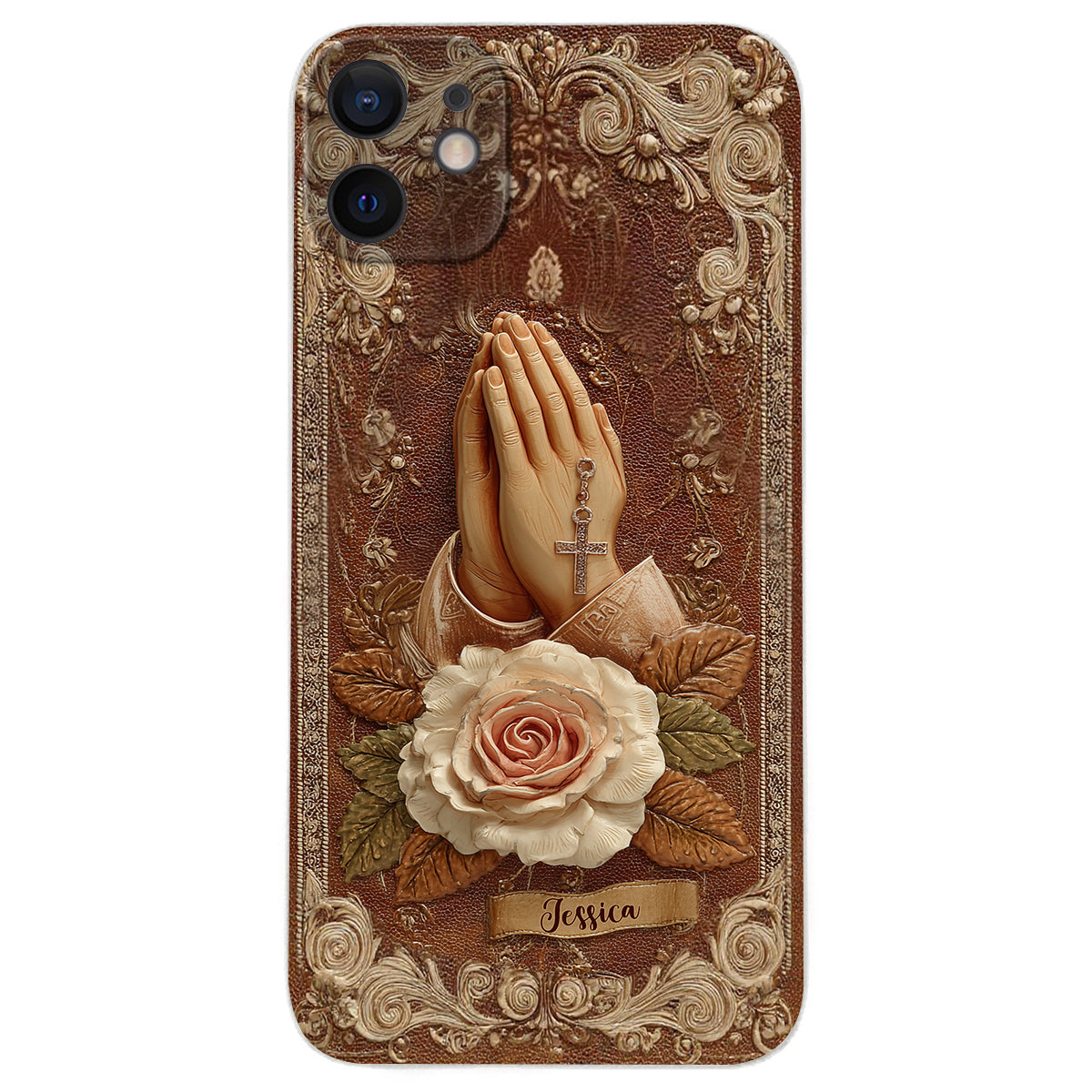 Praying Hands With Roses - Personalized Christian Leather Phone Case