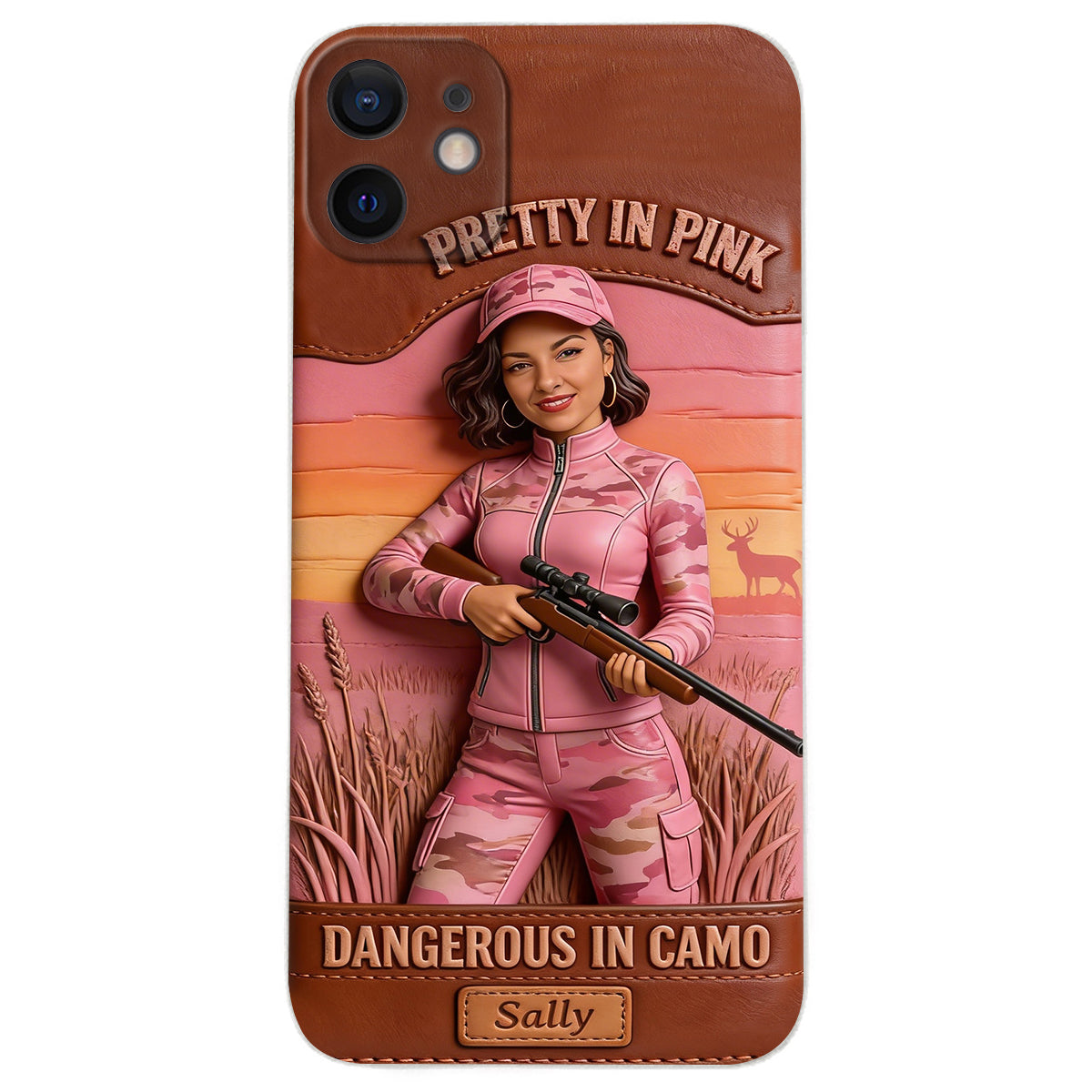 Étui de téléphone en cuir personnalisé avec n'importe quelle photo de chasse dangereuse en camouflage - Étui de téléphone de chasse en cuir personnalisé
