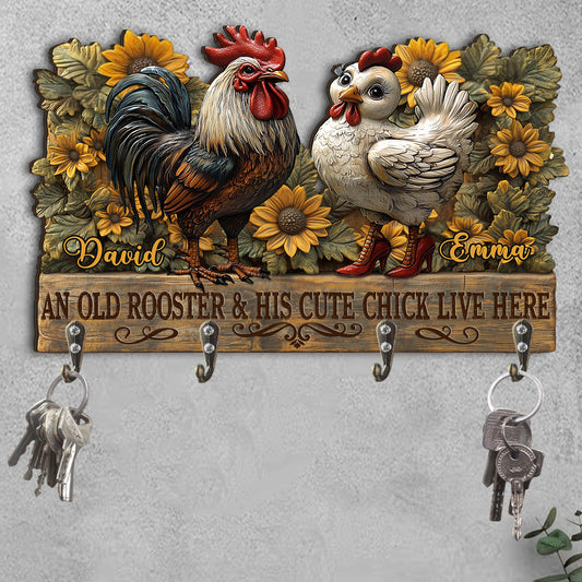 An Old Rooster And His Cute Chick Live Here - Personalized Farmer Custom Shaped Key Rack