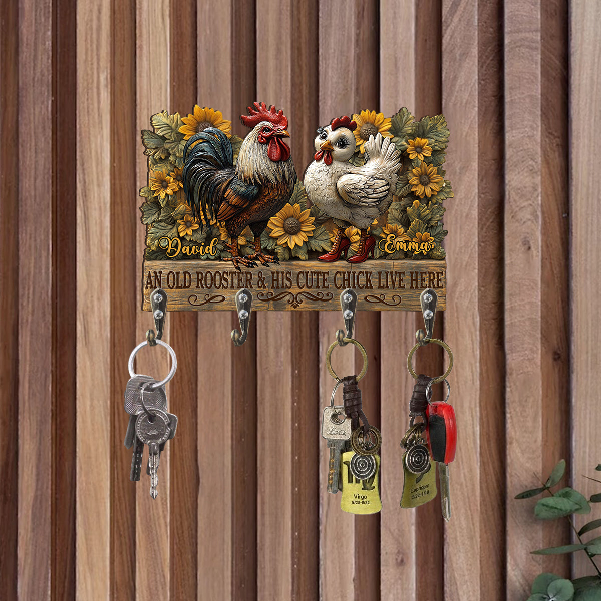 An Old Rooster And His Cute Chick Live Here - Personalized Farmer Custom Shaped Key Rack