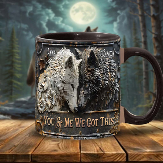 „Du und ich, wir schaffen das“ – personalisierte Tasse mit Wolfsmotiv