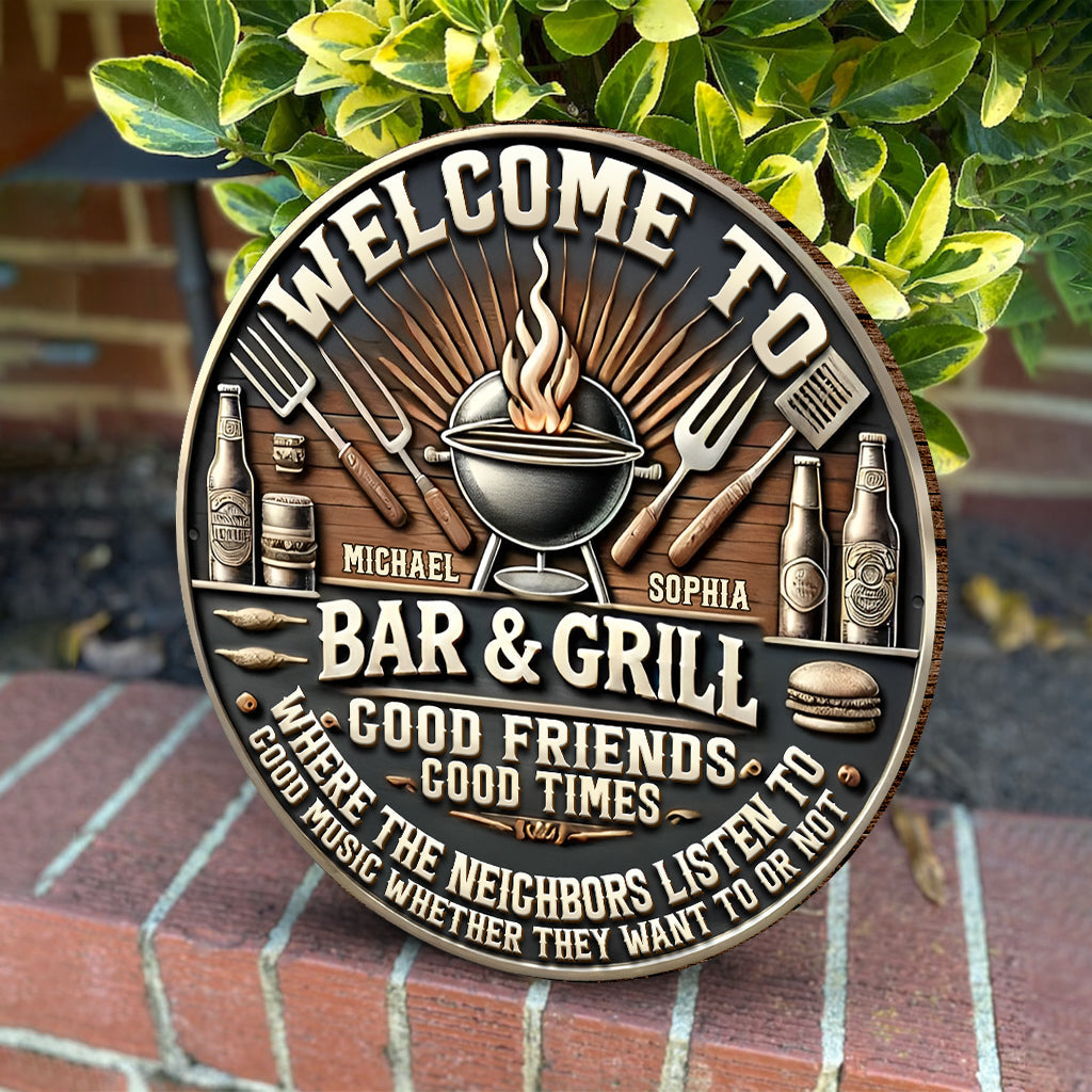 Patio Grilling Listen To The Good Music - Personalized Couple Round Wood Sign