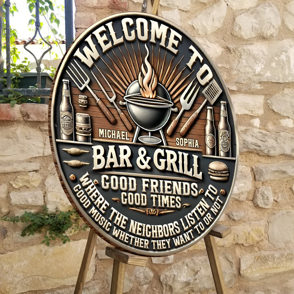 Patio Grilling Listen To The Good Music - Personalized Couple Round Wood Sign
