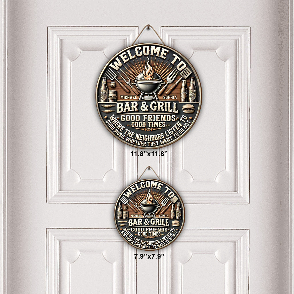 Patio Grilling Listen To The Good Music - Personalized Couple Round Wood Sign