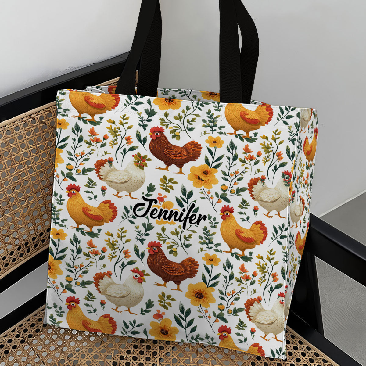 Cute Floral Chickens - Personalized Chicken All-Over Print Canvas Tote Bag