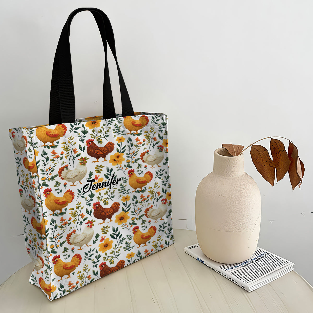 Cute Floral Chickens - Personalized Chicken All-Over Print Canvas Tote Bag