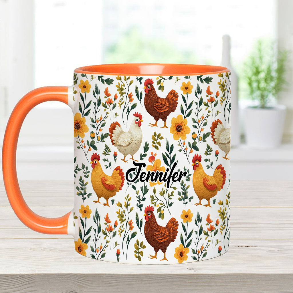 Niedliche Hühner mit Blumenmuster – personalisierte Tasse mit Hühnermotiv