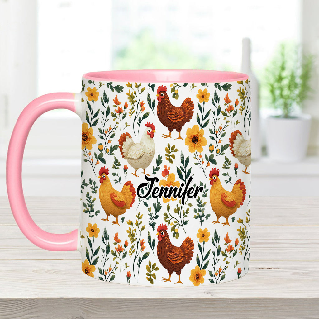 Niedliche Hühner mit Blumenmuster – personalisierte Tasse mit Hühnermotiv