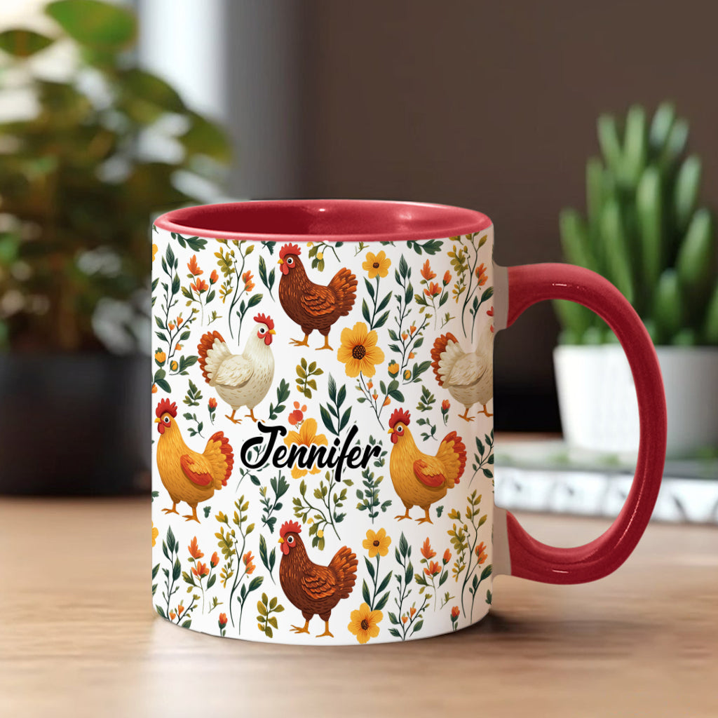 Niedliche Hühner mit Blumenmuster – personalisierte Tasse mit Hühnermotiv