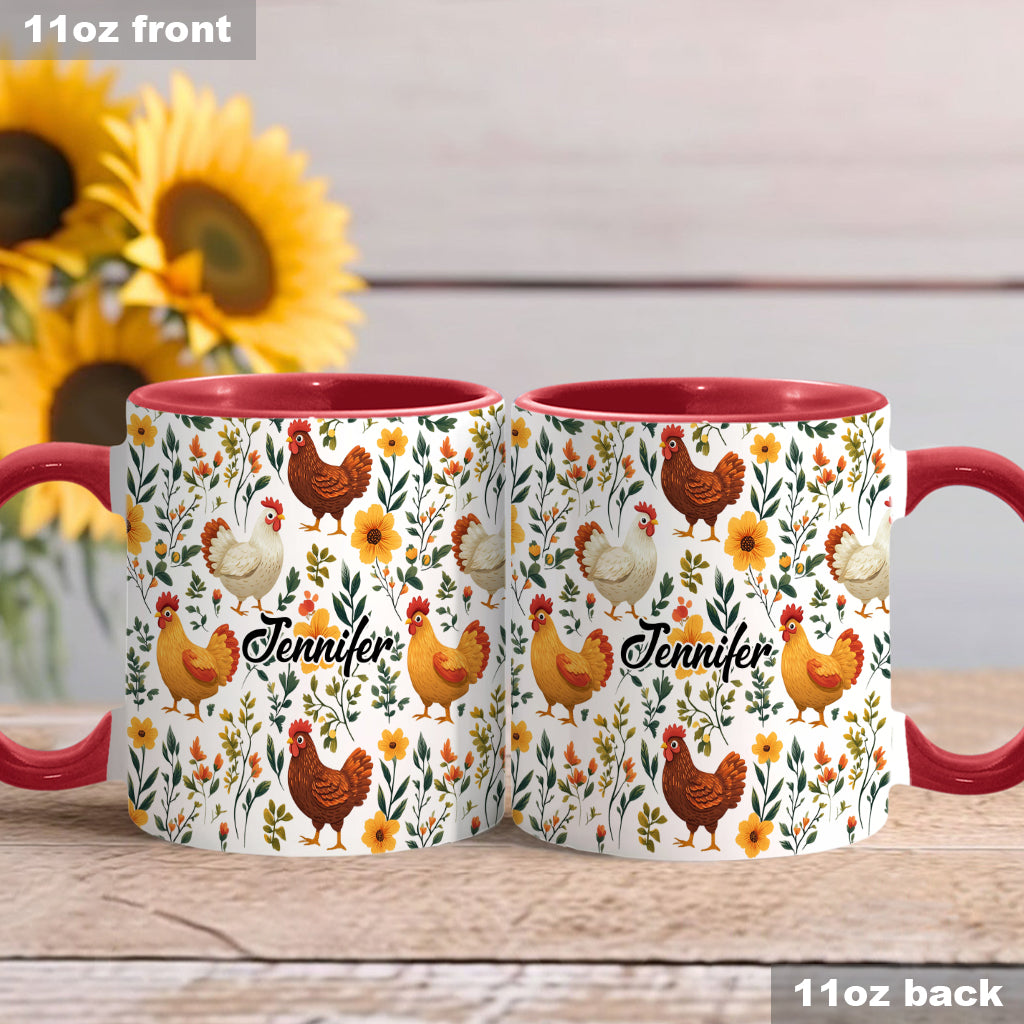 Niedliche Hühner mit Blumenmuster – personalisierte Tasse mit Hühnermotiv