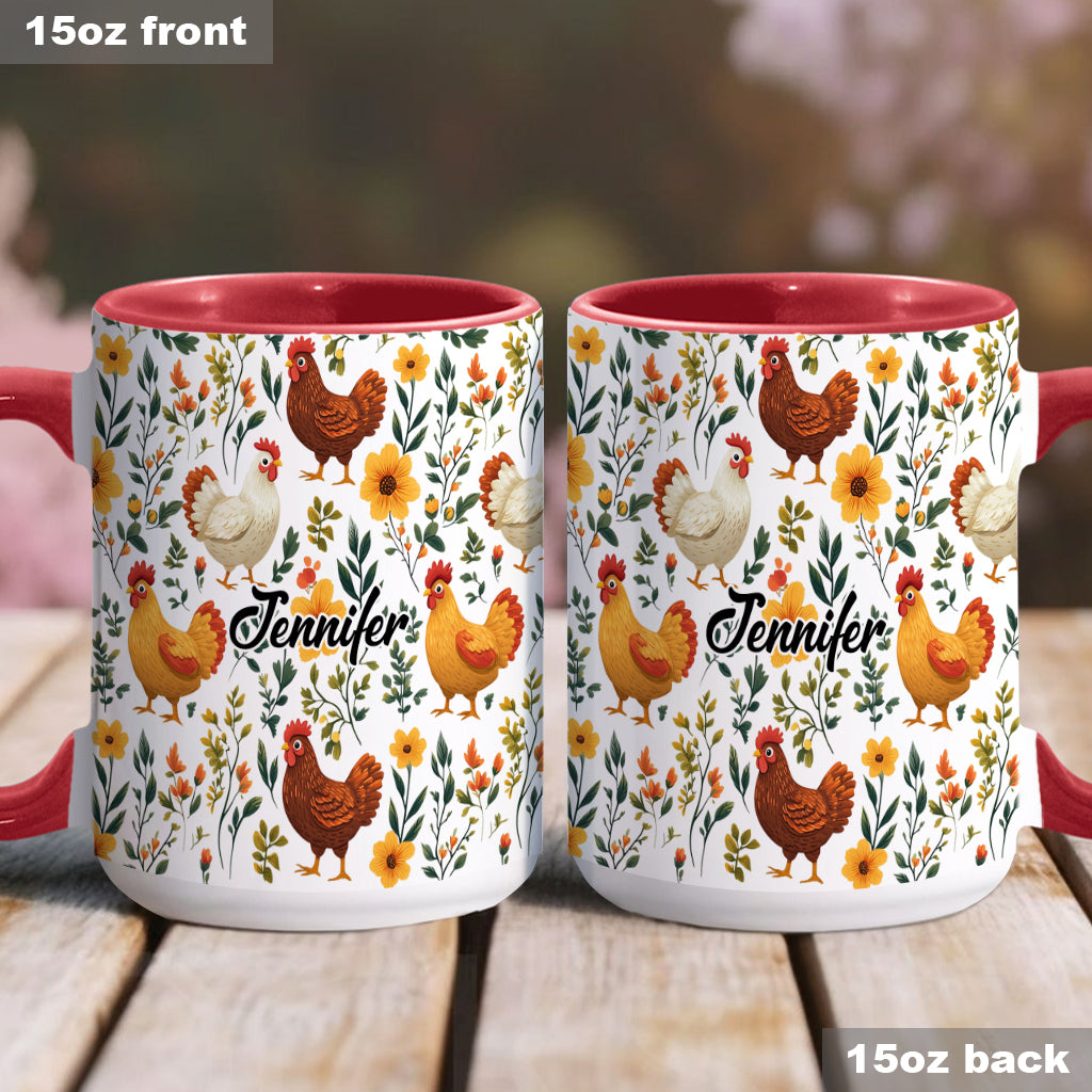 Niedliche Hühner mit Blumenmuster – personalisierte Tasse mit Hühnermotiv