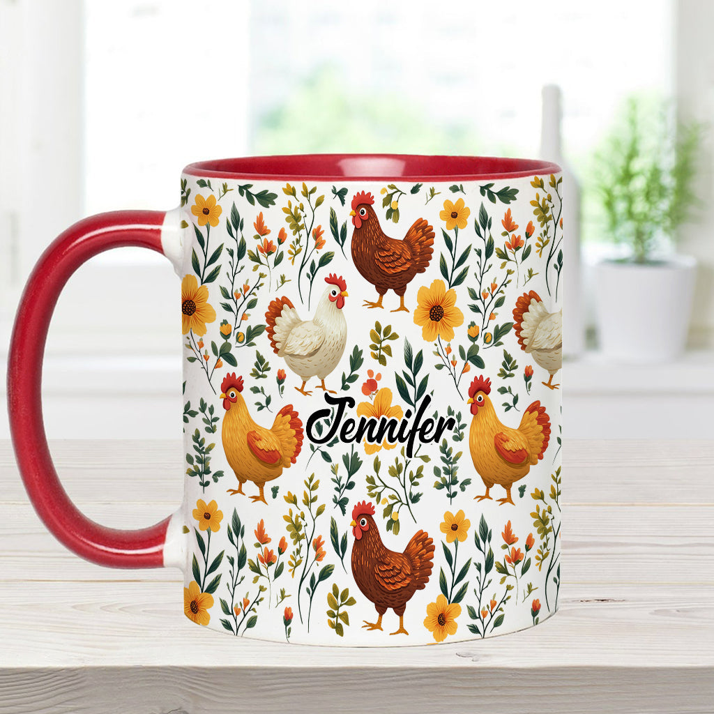Niedliche Hühner mit Blumenmuster – personalisierte Tasse mit Hühnermotiv
