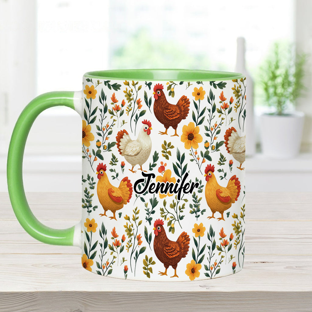 Niedliche Hühner mit Blumenmuster – personalisierte Tasse mit Hühnermotiv